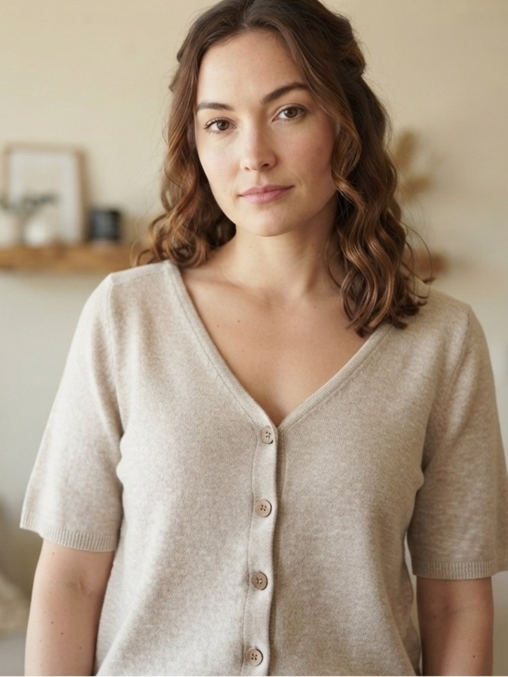 FP BEACH Knit Short Sleeve Button Cardigan - Neutral Taupe